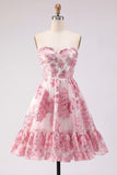 Strapless Corset Pink Floral Jacquard Short Homecoming Dress with Ruffles