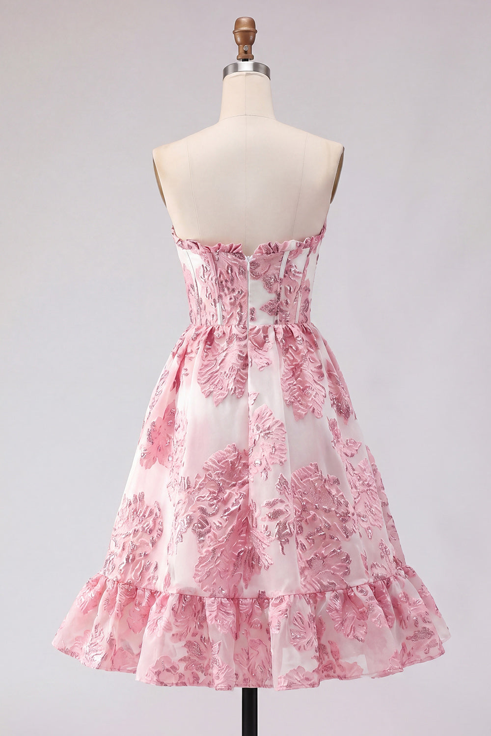 Strapless Corset Pink Floral Jacquard Short Homecoming Dress with Ruffles