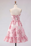 Strapless Corset Pink Floral Jacquard Short Homecoming Dress with Ruffles