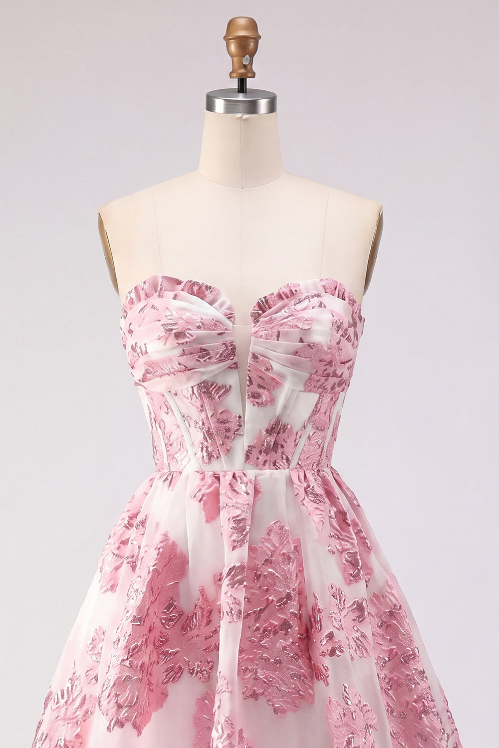 Strapless Corset Pink Floral Jacquard Short Homecoming Dress with Ruffles