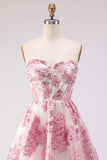 Strapless Corset Pink Floral Jacquard Short Homecoming Dress with Ruffles