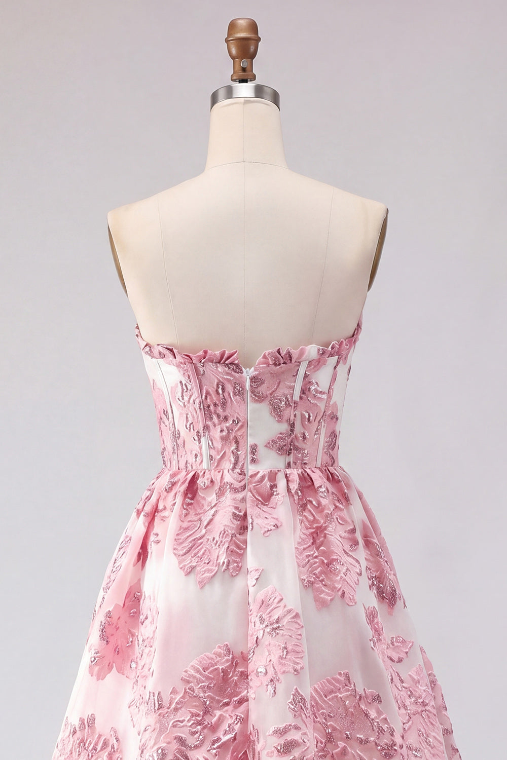 Strapless Corset Pink Floral Jacquard Short Homecoming Dress with Ruffles