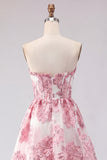 Strapless Corset Pink Floral Jacquard Short Homecoming Dress with Ruffles