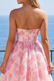 Pink Floral Strapless Corset Short A Line Homecoming Dress