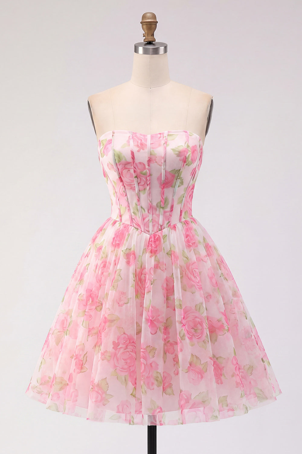Pink Floral Strapless Corset Short A Line Homecoming Dress