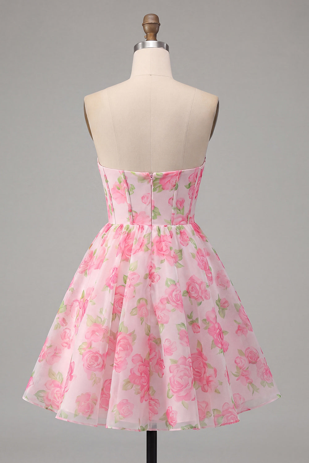 Pink Floral Strapless Corset Short A Line Homecoming Dress