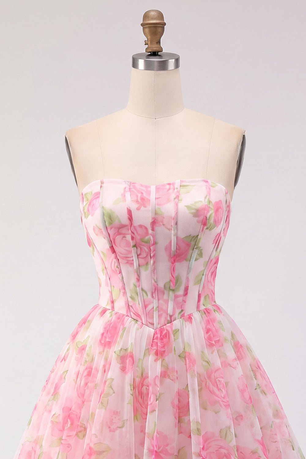 Pink Floral Strapless Corset Short A Line Homecoming Dress
