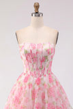 Pink Floral Strapless Corset Short A Line Homecoming Dress