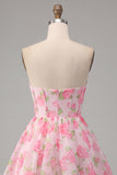 Pink Floral Strapless Corset Short A Line Homecoming Dress