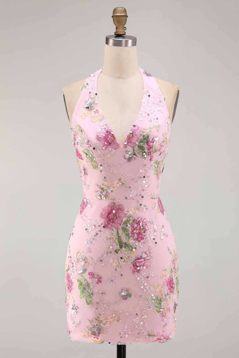 Halter Beaded Floral Tight Short Sparkly Pink Backless Homecoming Dress