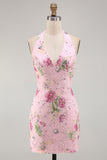Halter Beaded Floral Tight Short Sparkly Pink Backless Homecoming Dress