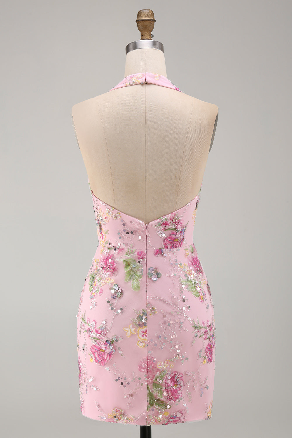 Halter Beaded Floral Tight Short Sparkly Pink Backless Homecoming Dress