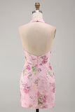 Halter Beaded Floral Tight Short Sparkly Pink Backless Homecoming Dress