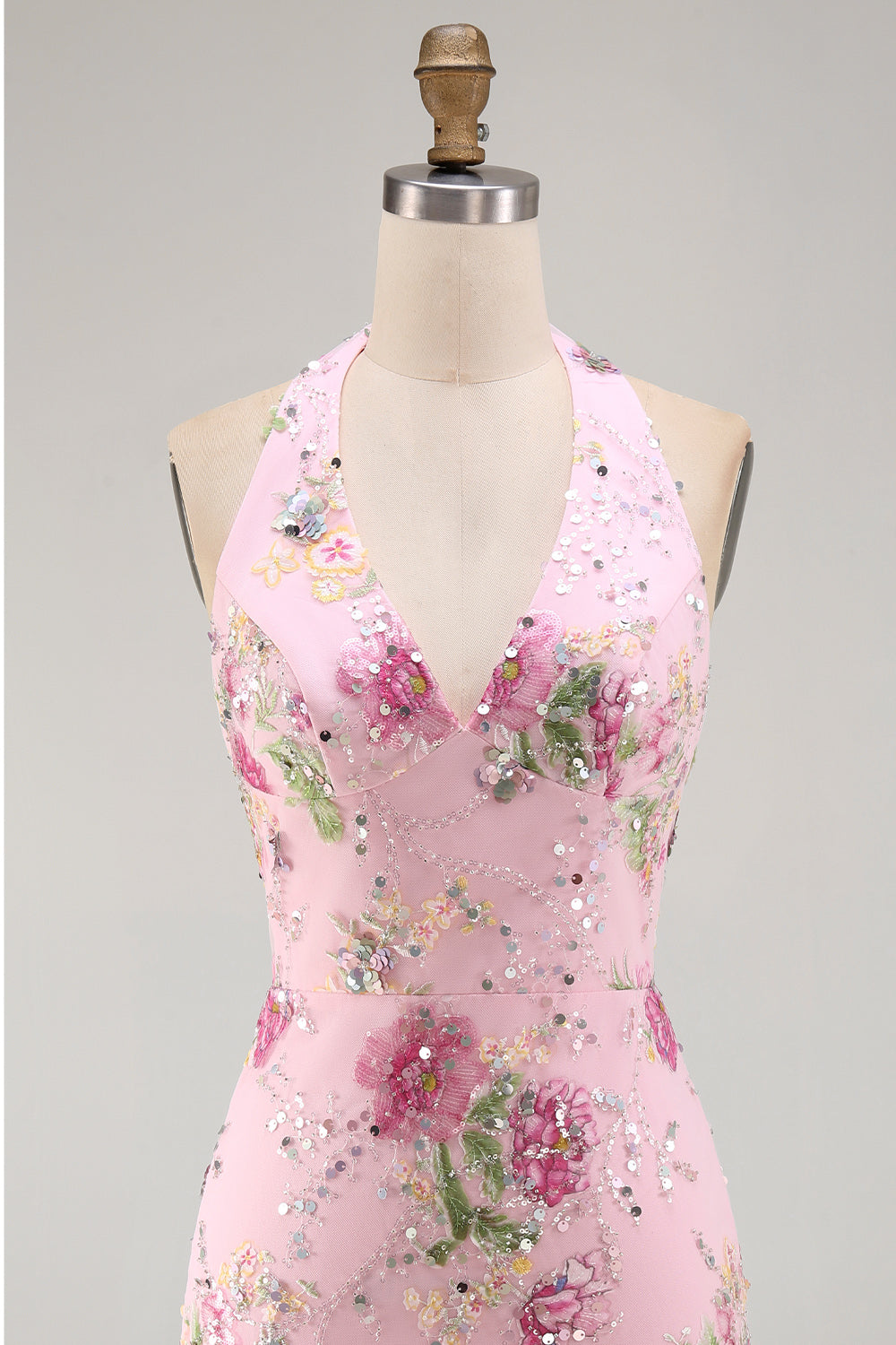 Halter Beaded Floral Tight Short Sparkly Pink Backless Homecoming Dress
