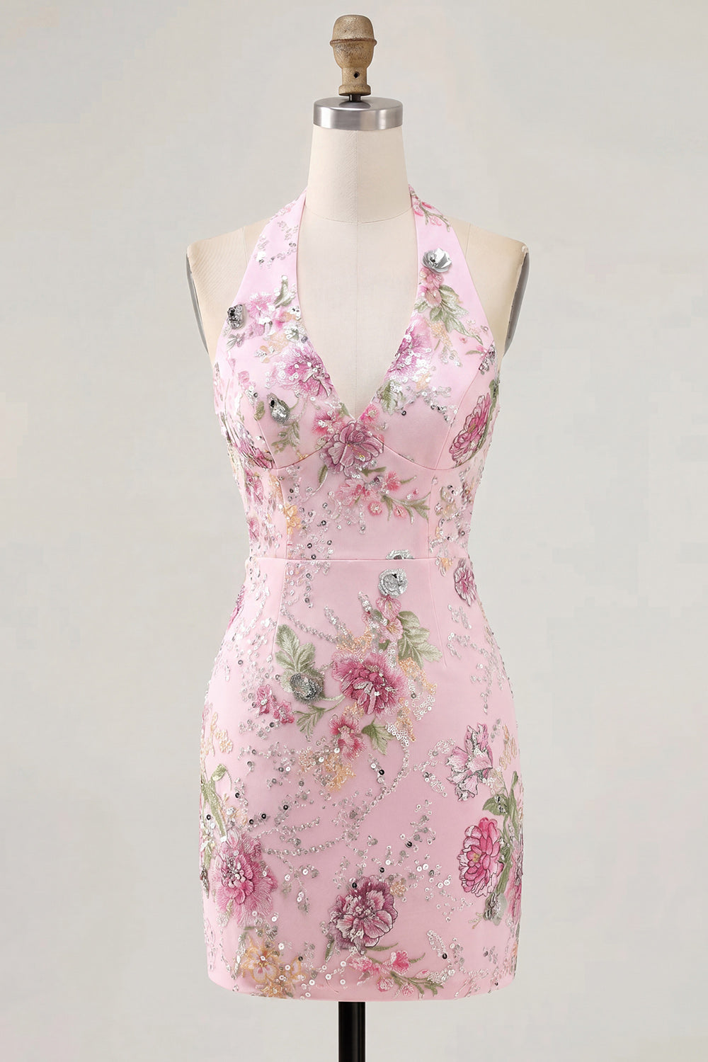 Halter Beaded Floral Tight Short Sparkly Pink Backless Homecoming Dress
