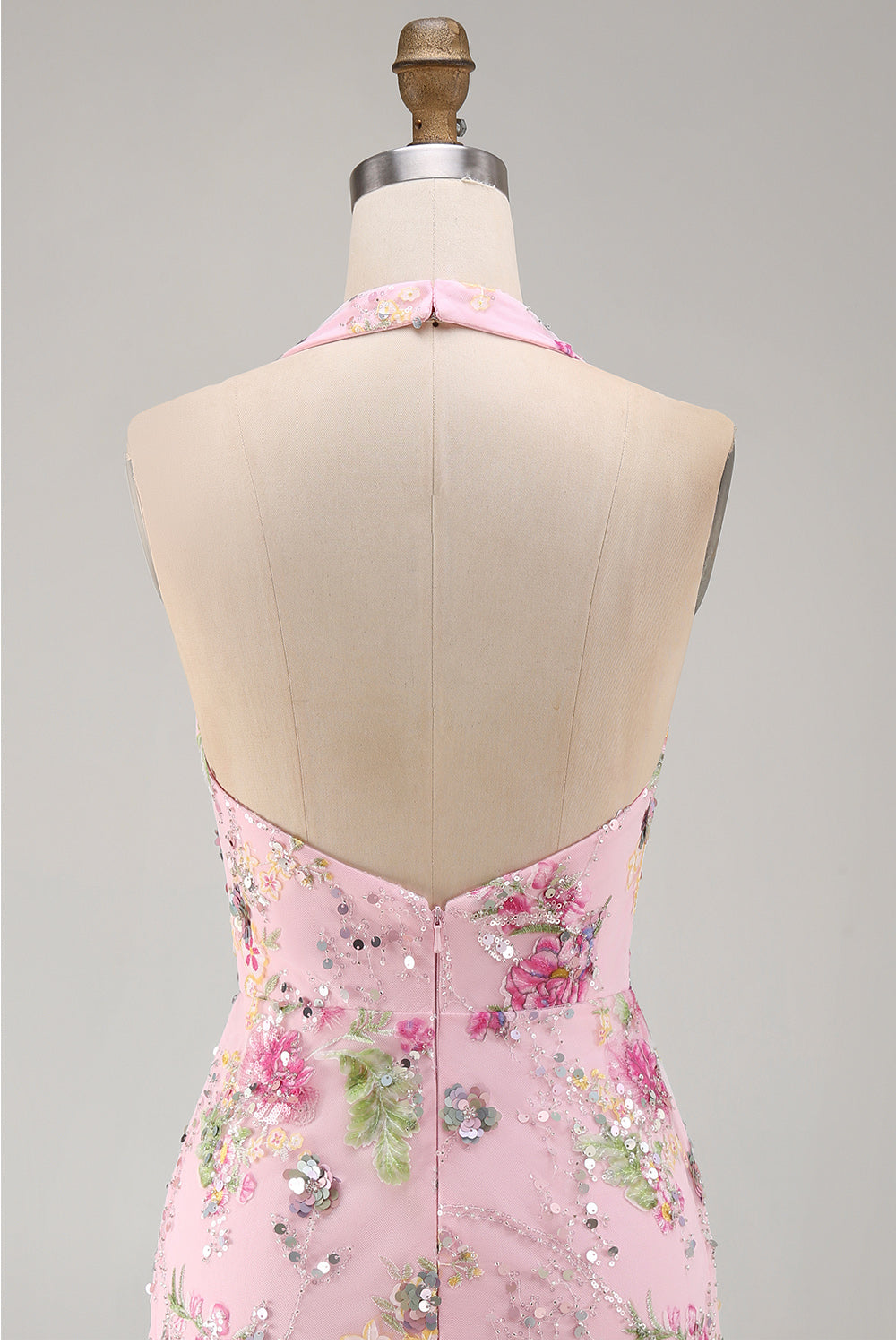 Halter Beaded Floral Tight Short Sparkly Pink Backless Homecoming Dress