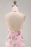 Halter Beaded Floral Tight Short Sparkly Pink Backless Homecoming Dress