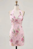 Halter Beaded Floral Tight Short Sparkly Pink Backless Homecoming Dress