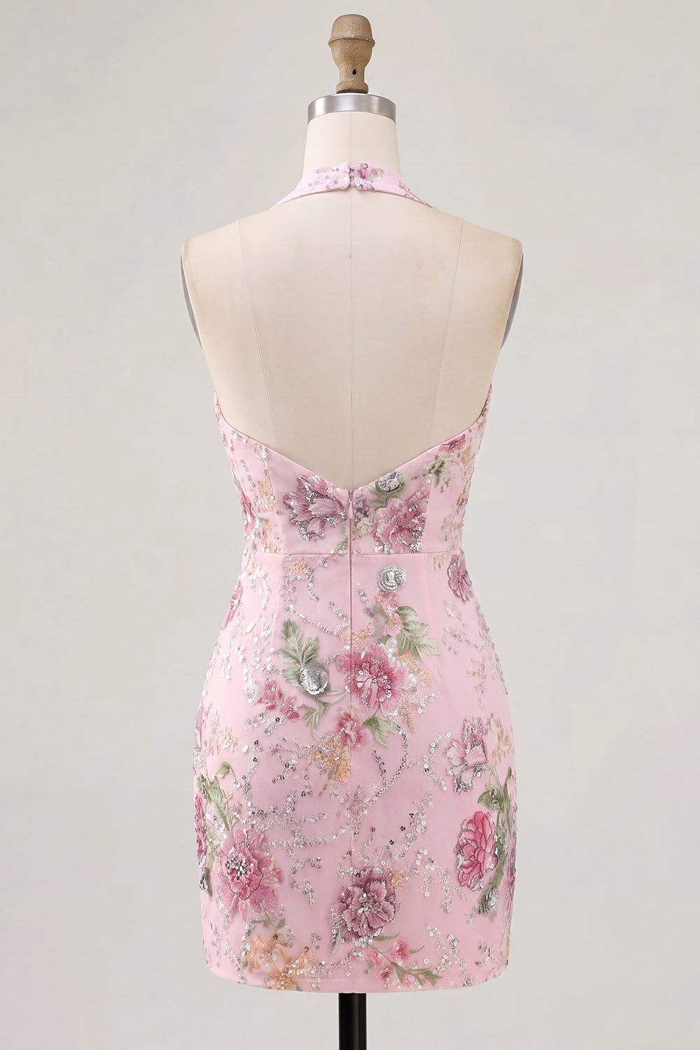 Halter Beaded Floral Tight Short Sparkly Pink Backless Homecoming Dress