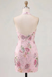 Halter Beaded Floral Tight Short Sparkly Pink Backless Homecoming Dress