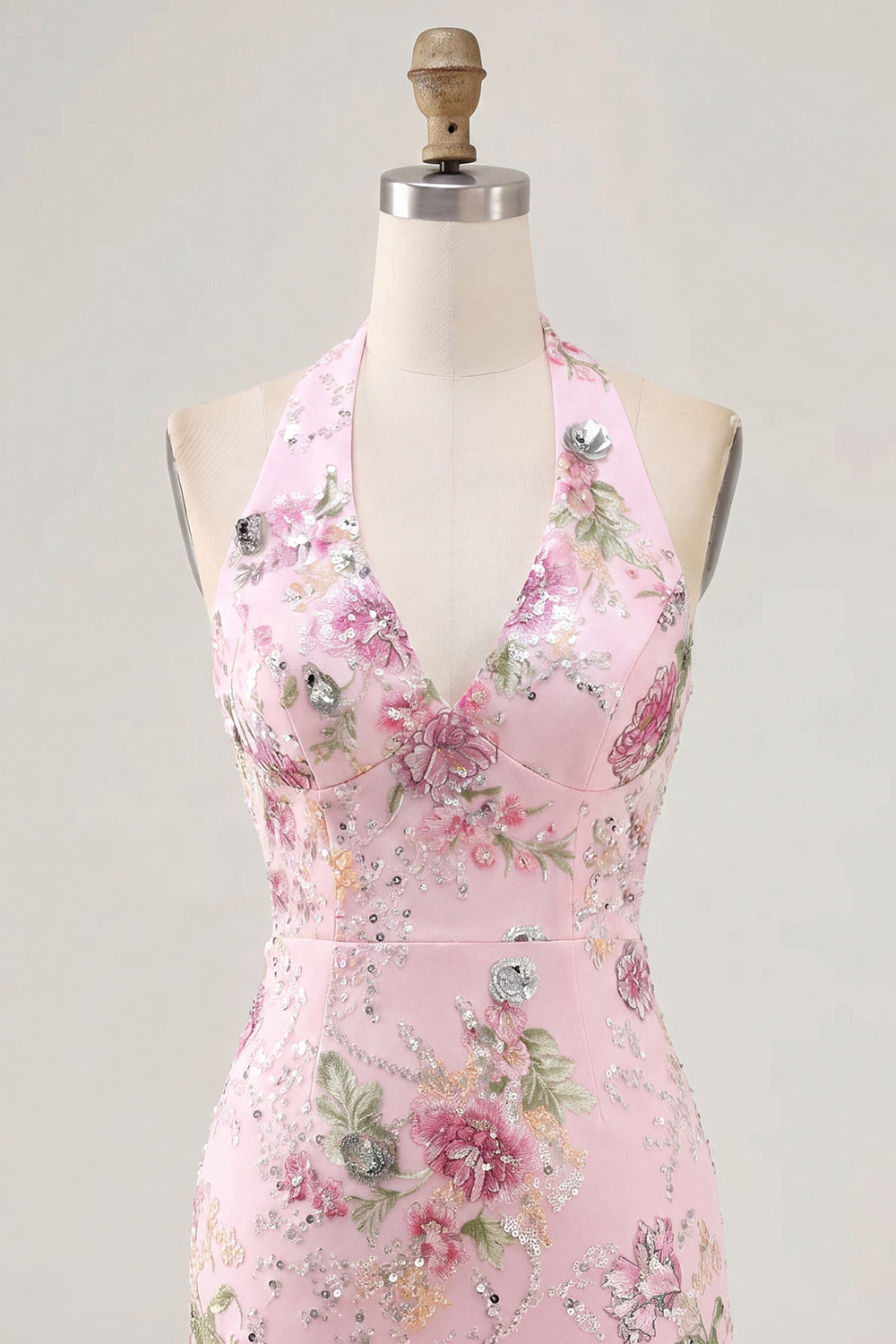 Halter Beaded Floral Tight Short Sparkly Pink Backless Homecoming Dress