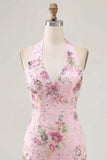 Halter Beaded Floral Tight Short Sparkly Pink Backless Homecoming Dress