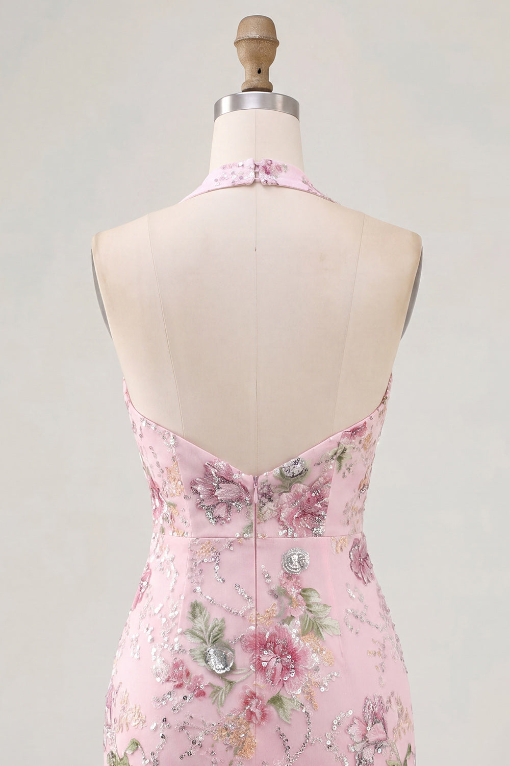Halter Beaded Floral Tight Short Sparkly Pink Backless Homecoming Dress