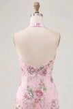 Halter Beaded Floral Tight Short Sparkly Pink Backless Homecoming Dress