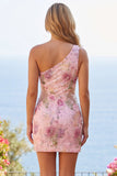 One Shoulder Beaded Floral Tight Short Sparkly Pink Homecoming Dress