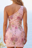 One Shoulder Beaded Floral Tight Short Sparkly Pink Homecoming Dress