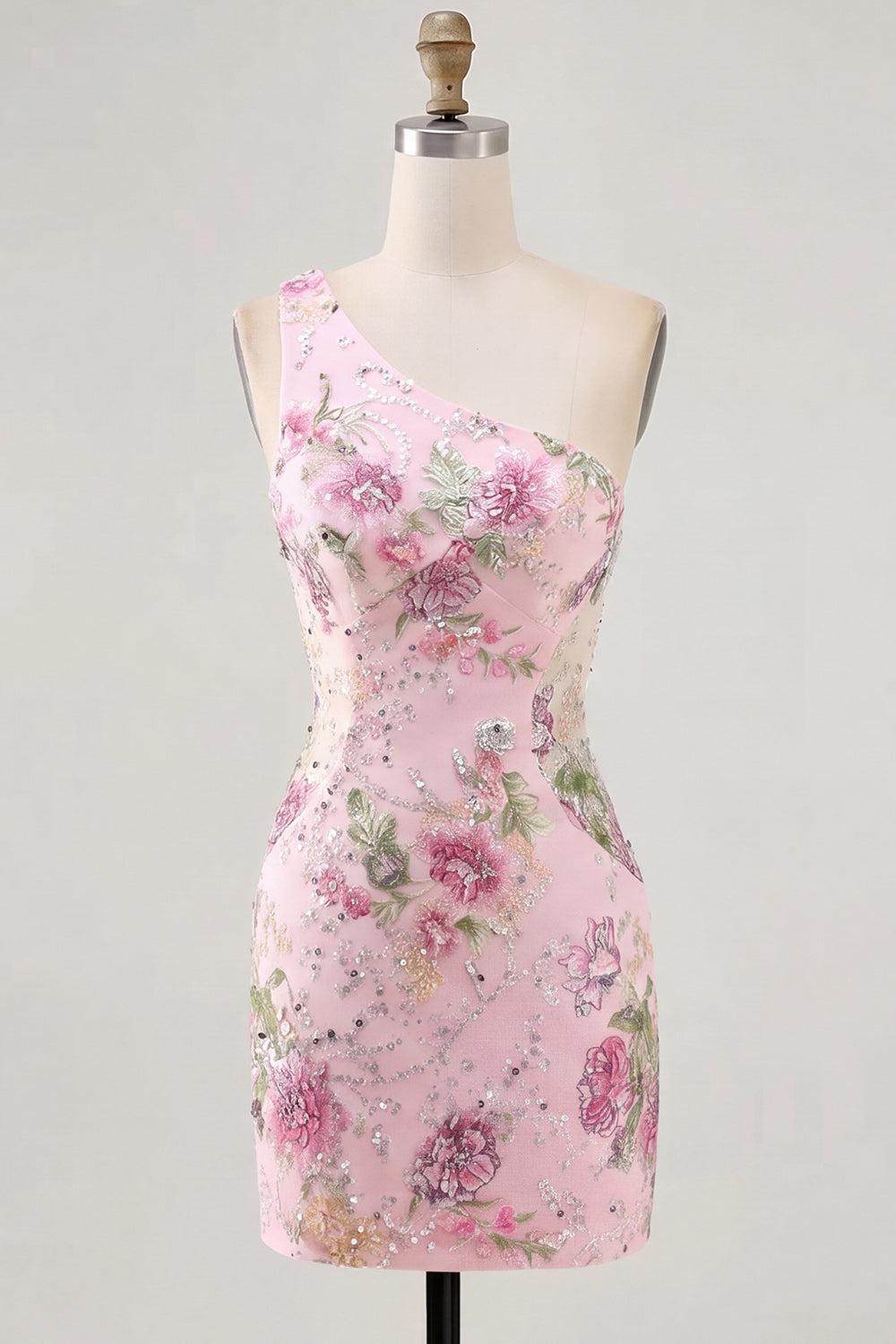 One Shoulder Beaded Floral Tight Short Sparkly Pink Homecoming Dress