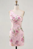 One Shoulder Beaded Floral Tight Short Sparkly Pink Homecoming Dress