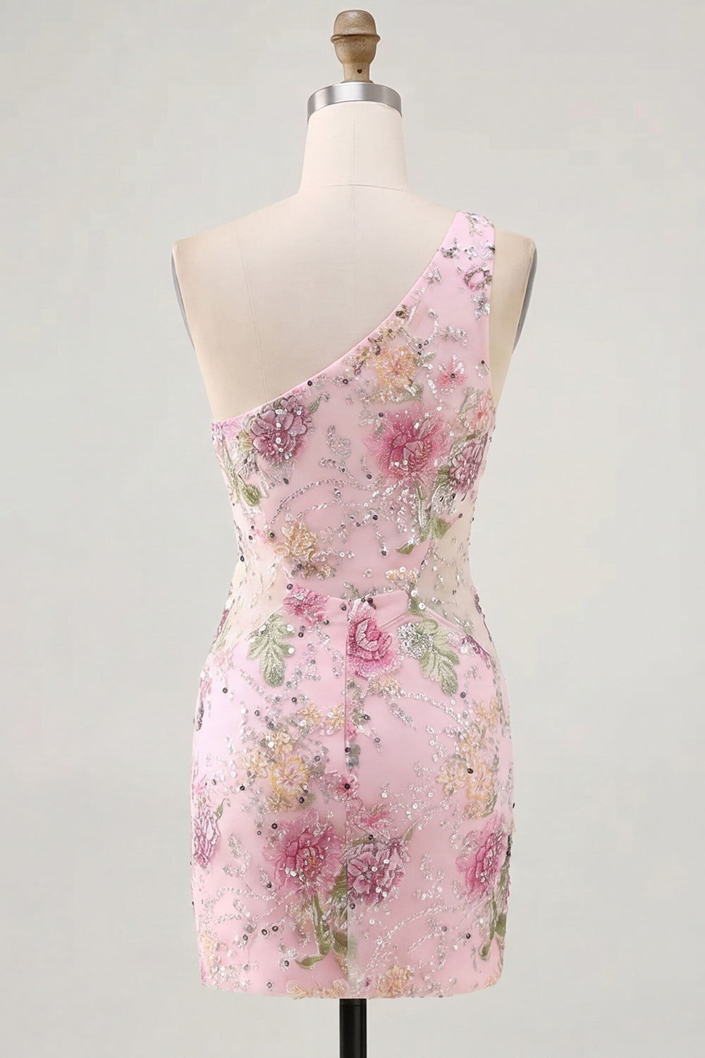 One Shoulder Beaded Floral Tight Short Sparkly Pink Homecoming Dress
