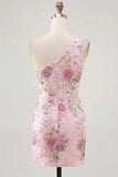 One Shoulder Beaded Floral Tight Short Sparkly Pink Homecoming Dress