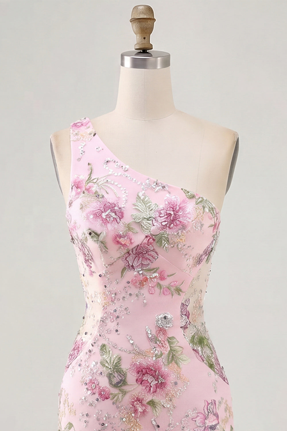 One Shoulder Beaded Floral Tight Short Sparkly Pink Homecoming Dress