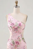 One Shoulder Beaded Floral Tight Short Sparkly Pink Homecoming Dress
