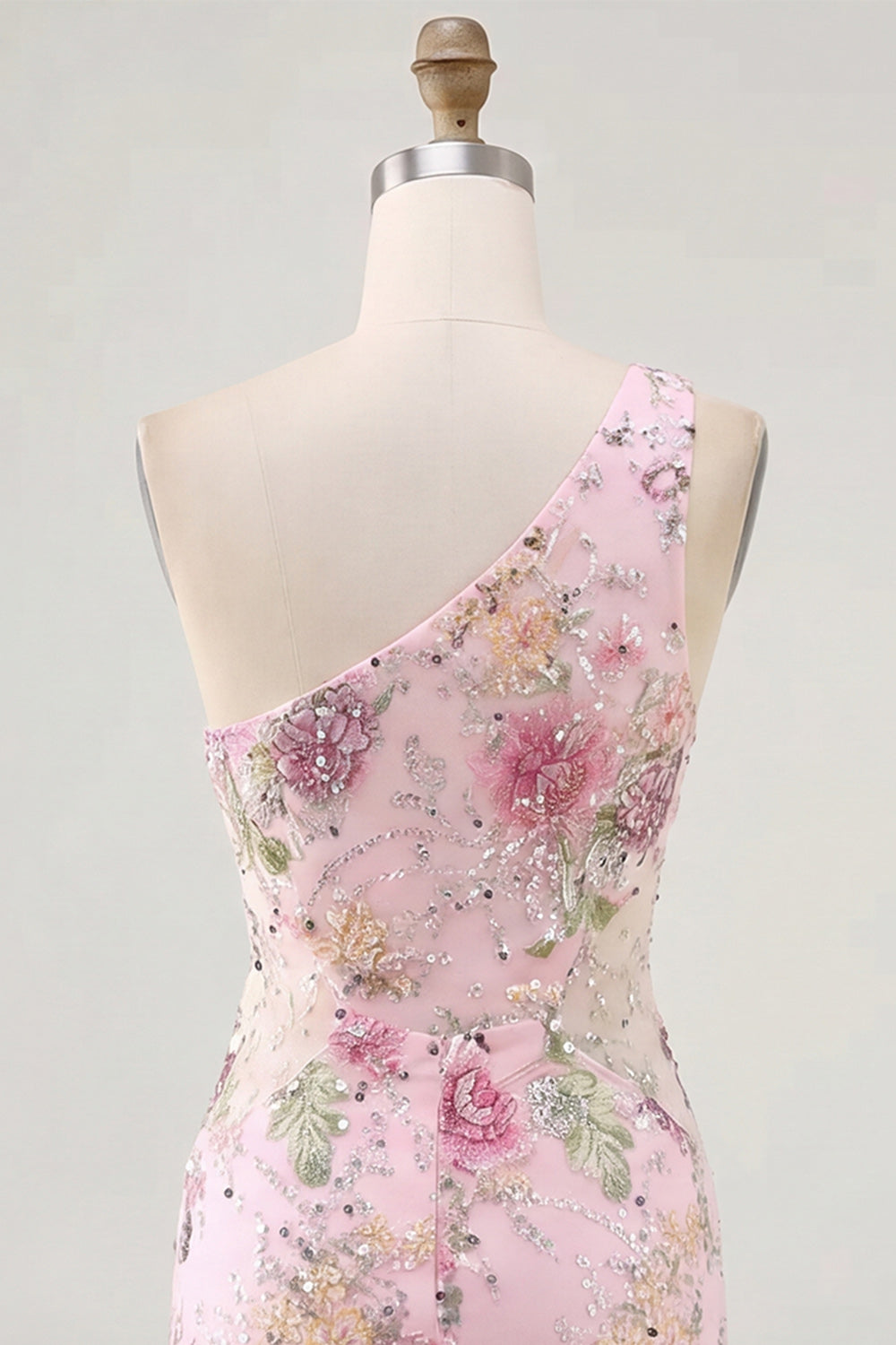 One Shoulder Beaded Floral Tight Short Sparkly Pink Homecoming Dress