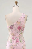 One Shoulder Beaded Floral Tight Short Sparkly Pink Homecoming Dress