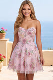 A Line Corset Strapless Sparkly Pink Floral Short Beaded Homecoming Dress