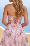 A Line Corset Strapless Sparkly Pink Floral Short Beaded Homecoming Dress