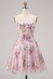 A Line Corset Strapless Sparkly Pink Floral Short Beaded Homecoming Dress