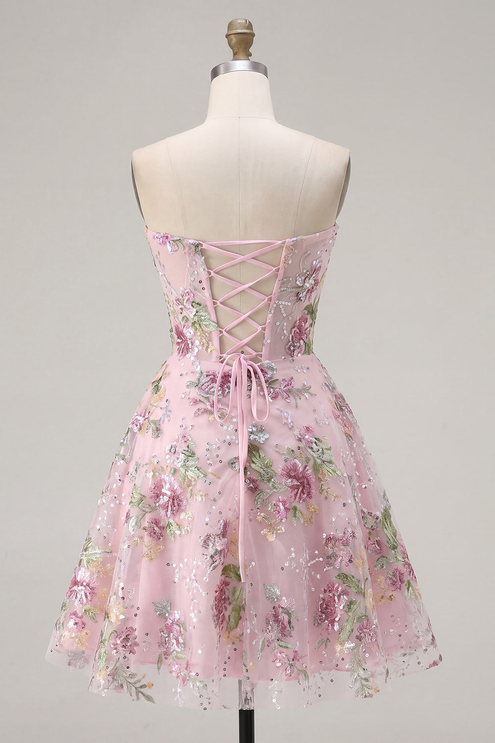 A Line Corset Strapless Sparkly Pink Floral Short Beaded Homecoming Dress