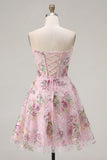 A Line Corset Strapless Sparkly Pink Floral Short Beaded Homecoming Dress
