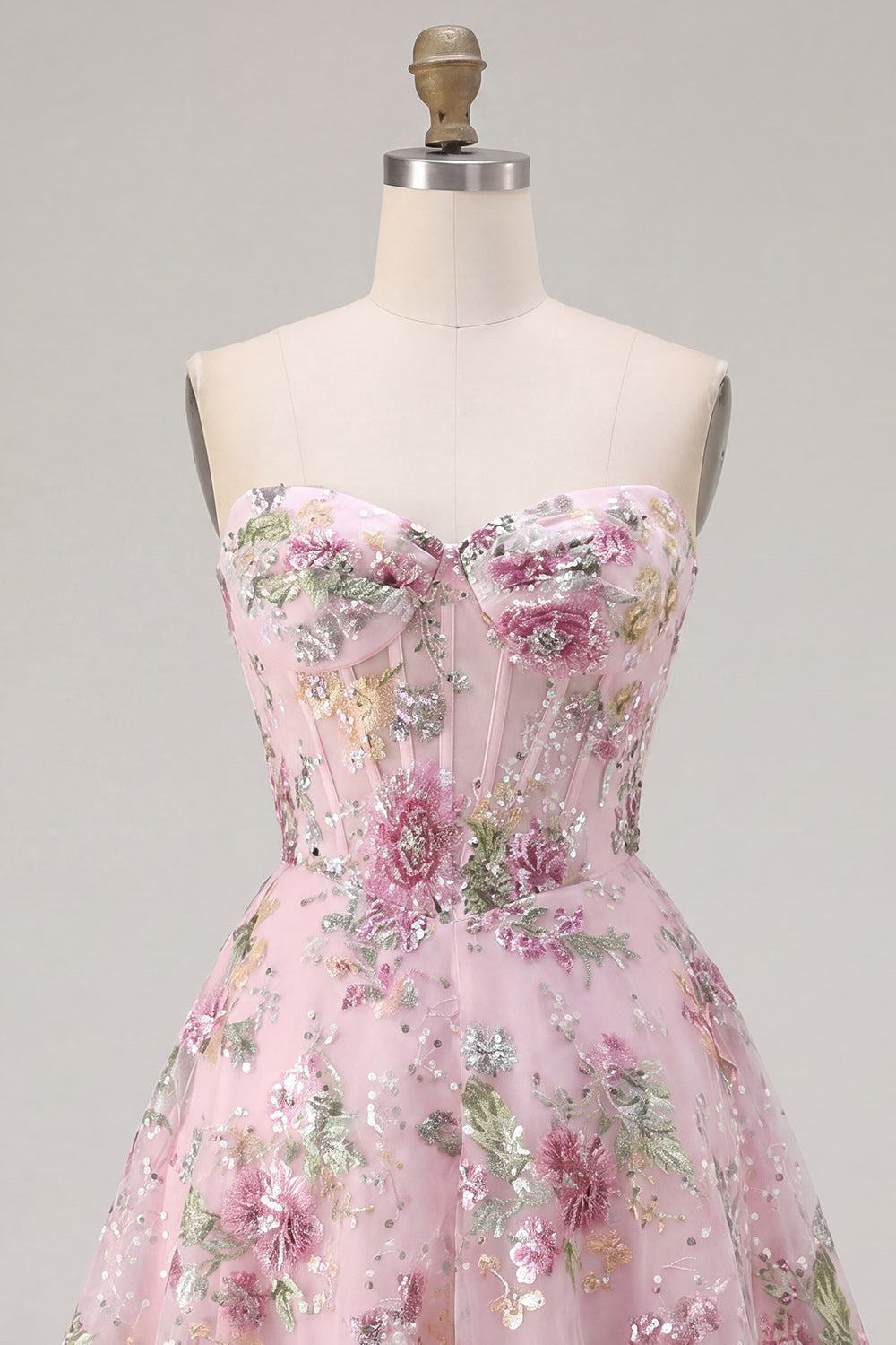 A Line Corset Strapless Sparkly Pink Floral Short Beaded Homecoming Dress