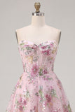 A Line Corset Strapless Sparkly Pink Floral Short Beaded Homecoming Dress