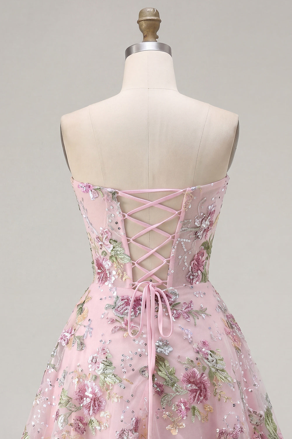 A Line Corset Strapless Sparkly Pink Floral Short Beaded Homecoming Dress