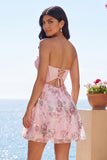 Short Beaded Sparkly Pink A Line Corset Strapless Floral Homecoming Dress