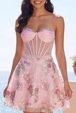 Short Beaded Sparkly Pink A Line Corset Strapless Floral Homecoming Dress