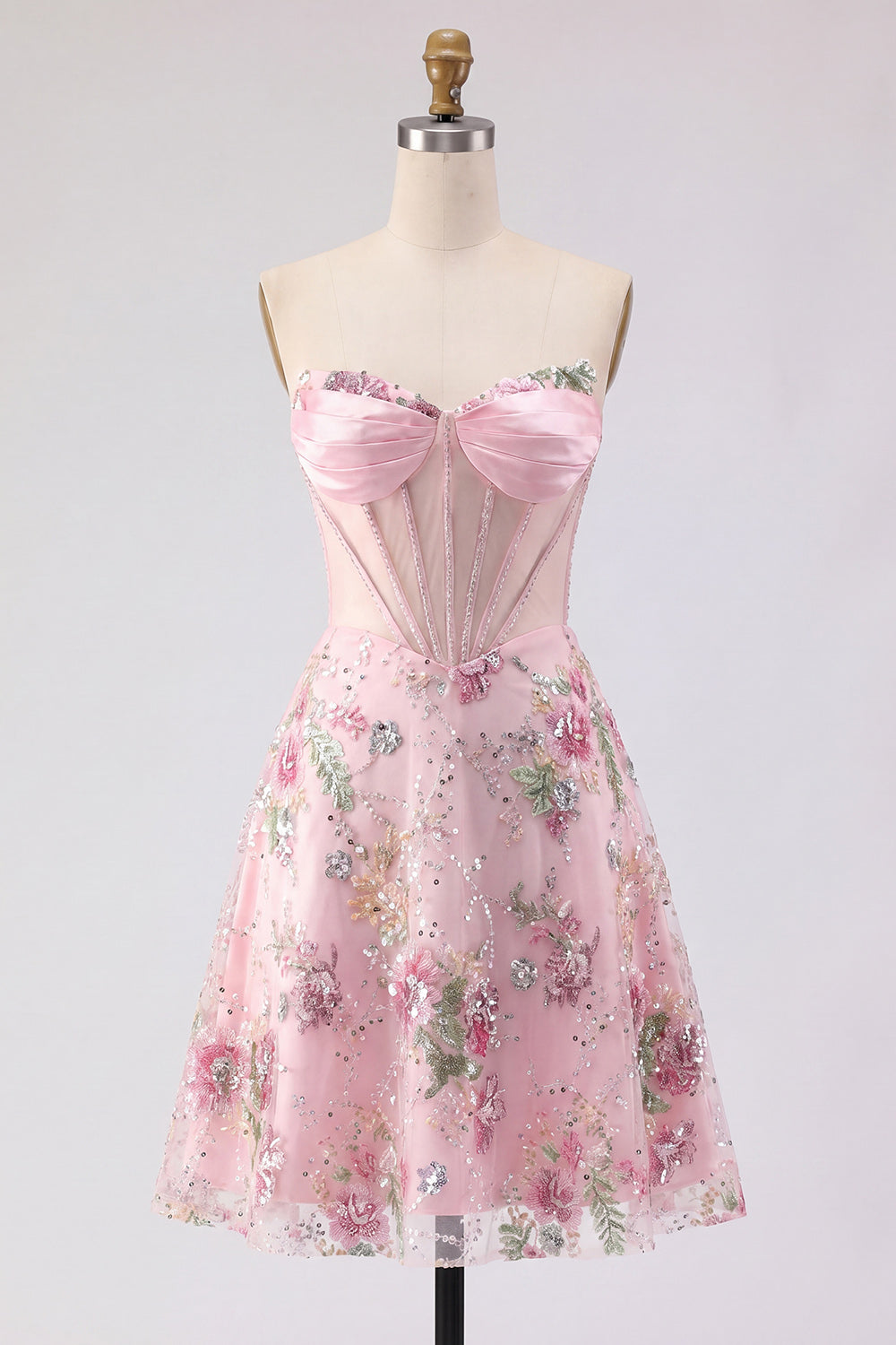Short Beaded Sparkly Pink A Line Corset Strapless Floral Homecoming Dress