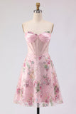 Short Beaded Sparkly Pink A Line Corset Strapless Floral Homecoming Dress